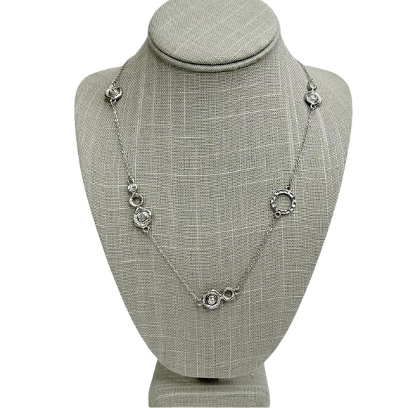 Silver Tone Textured Round Satellite Rhinestone Long Chain Necklace - Picture 1 of 10